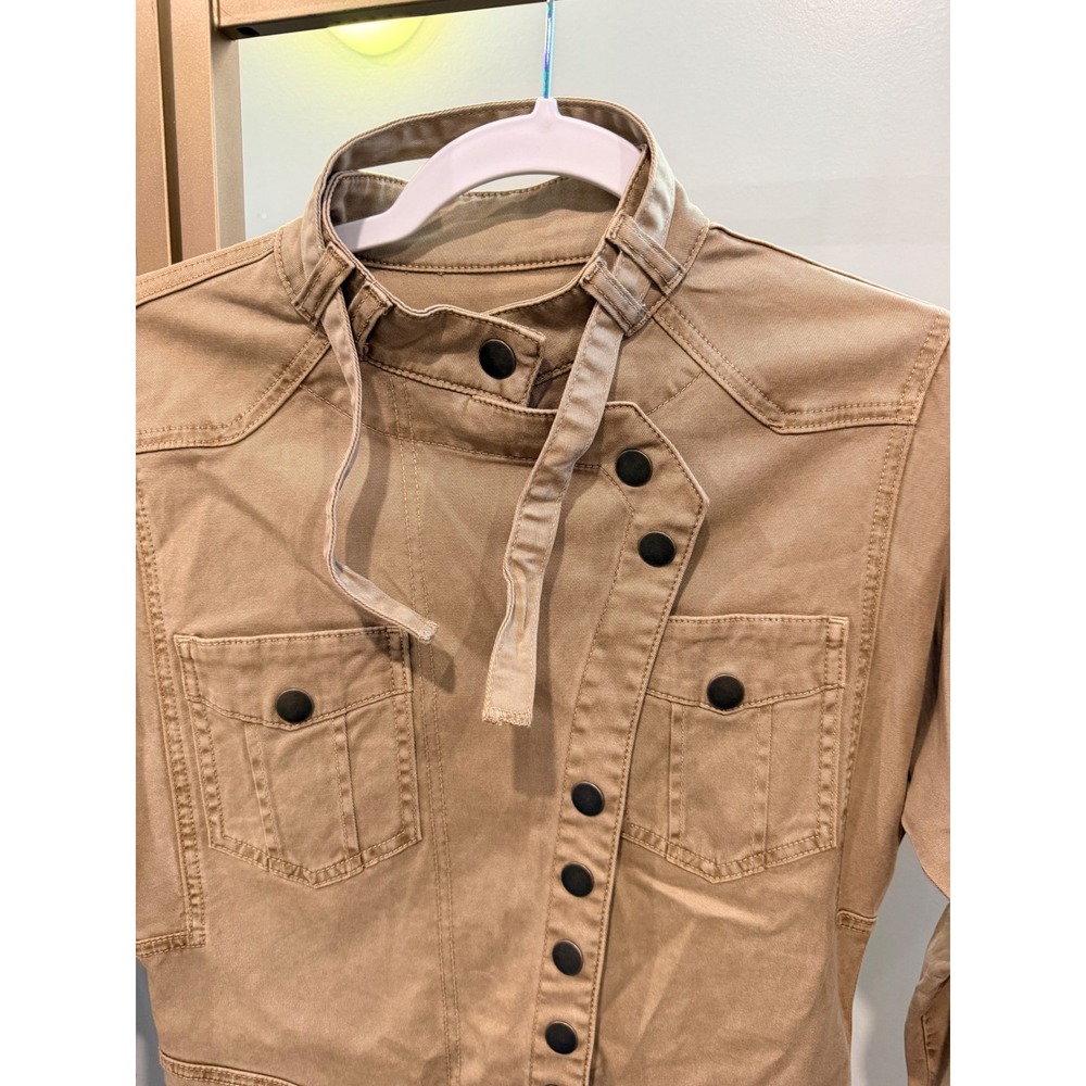 Tan Utility Military Mini Dress Asymmetrical Snap Front Long Sleeve Tan Small - Picture 3 of 5